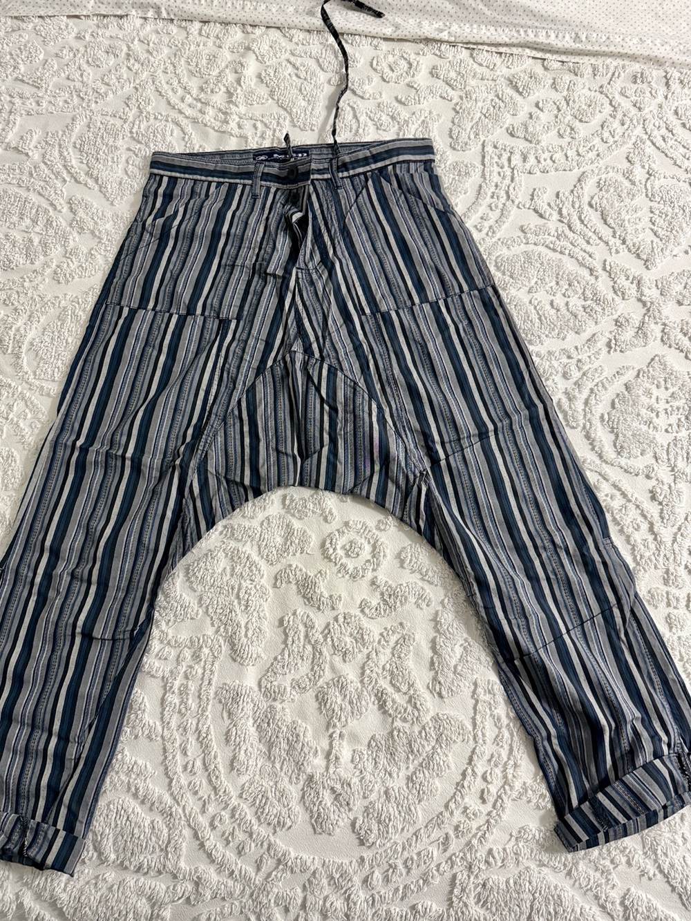 Harem Cotton Pants in Navy and Gray Vertical Stripes